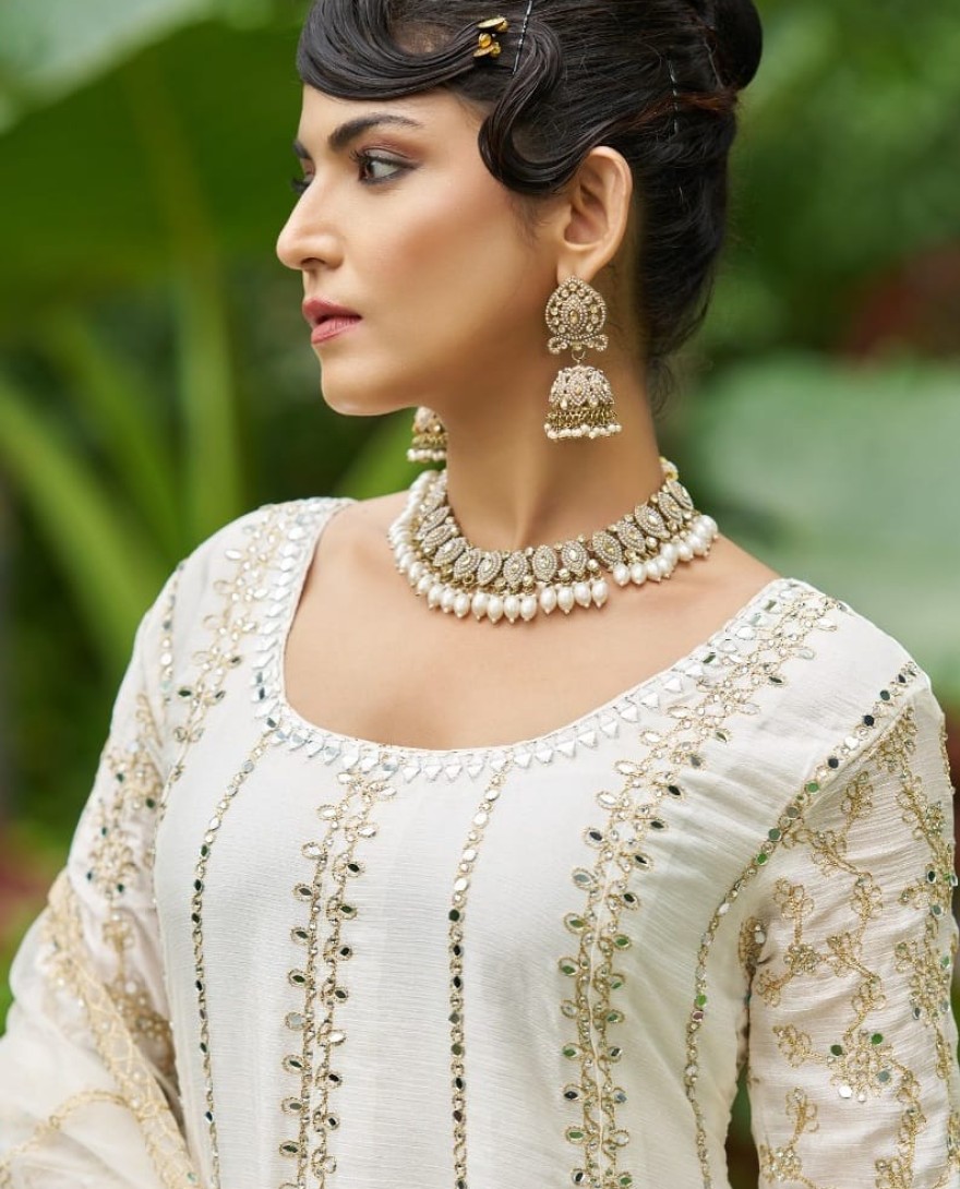 WHITE - Chinon Palazzo Salwar Suit In White Colour
